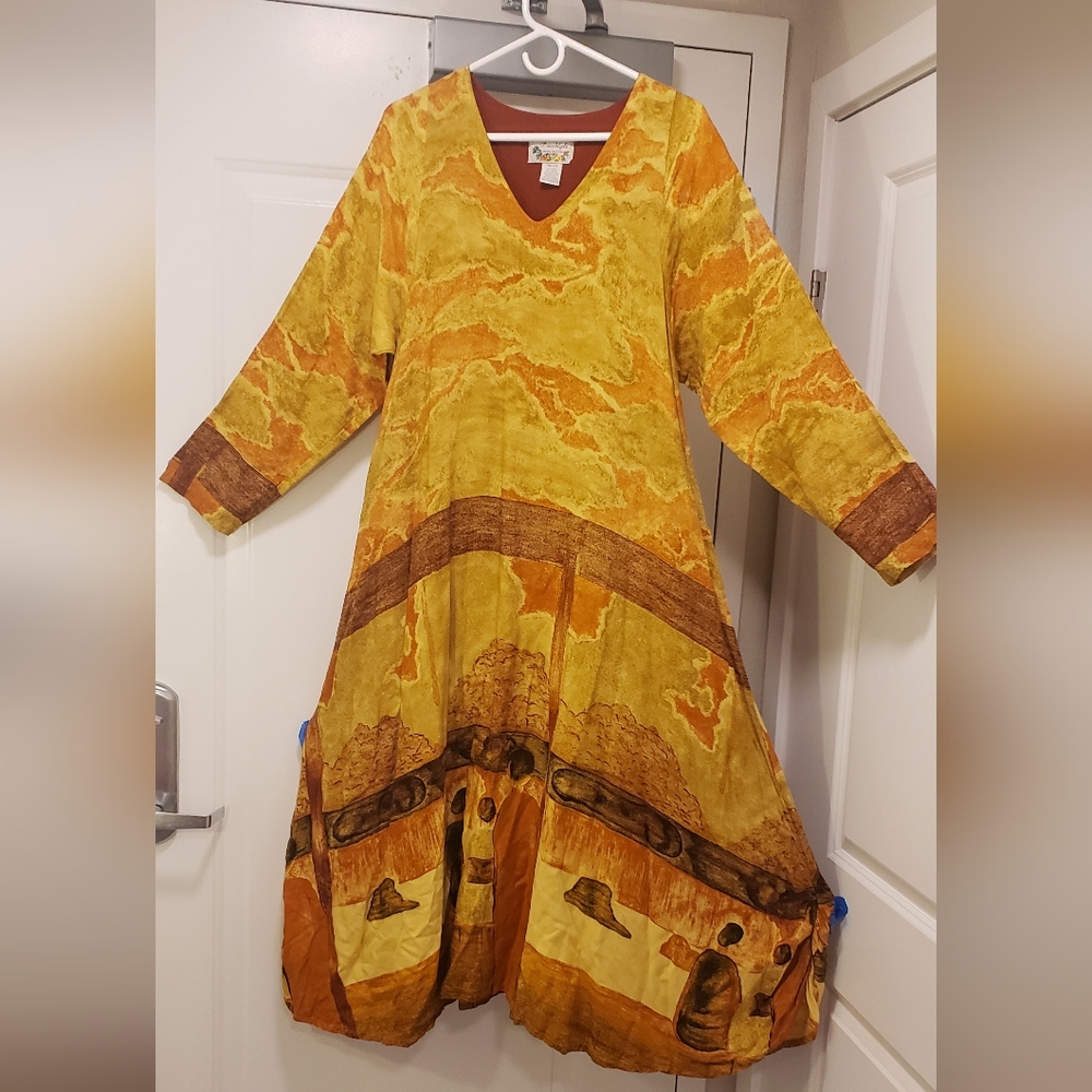 Vintage Indonesian Dress 1990s Maxi Oversized Ochre Earth Tones XL